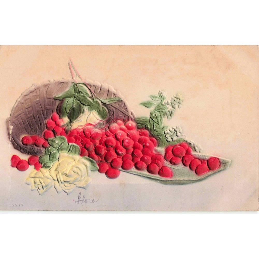 Antique Embossed Postcard Red Cherries Yellow Roses Basket Made in Germany 15538 - Picture 1 of 2